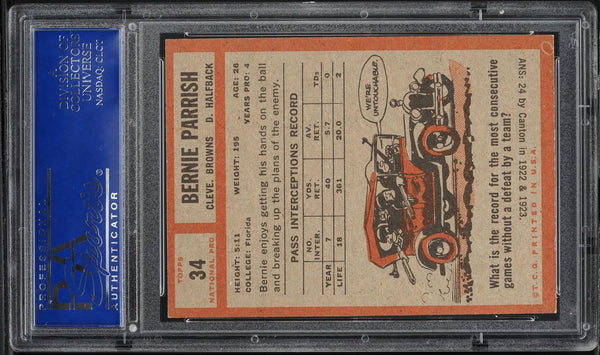 1962 Topps FB Card # 34 Bernie Parrish Cleveland Browns HOF ROOKIE RC PSA 7 NRMT (MGD2)