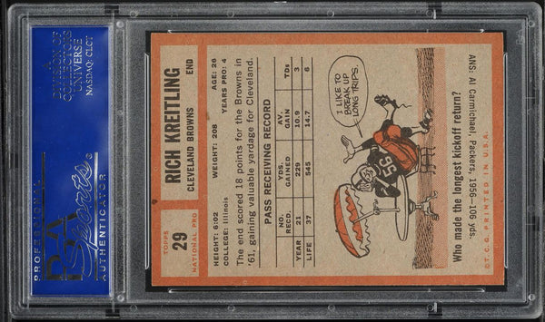 1962 Topps FB Card # 29 Rich Kreitling Cleveland Browns ROOKIE RC PSA 7 NRMT (MGD2)