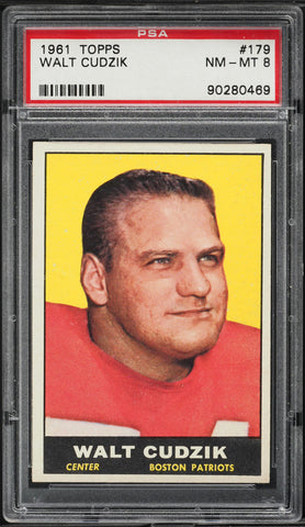 1961 Topps FB Card #179 Walt Cudzik Boston Patriots ROOKIE RC PSA 8 NM-MT (MGD2)