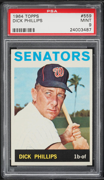 1964 Topps BB Card #559 Dick Phillips Washington Senators PSA 9 MINT (MGD2)