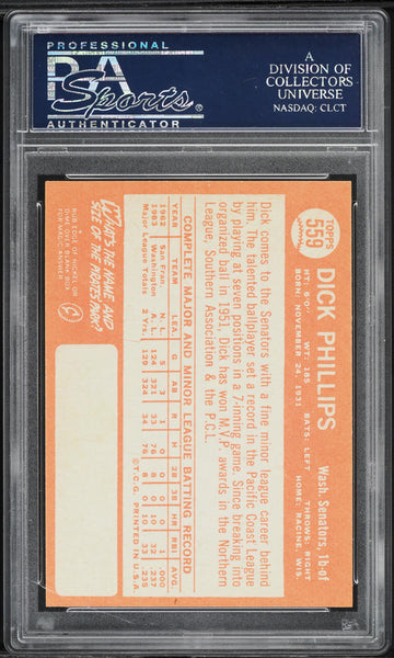 1964 Topps BB Card #559 Dick Phillips Washington Senators PSA 9 MINT (MGD2)