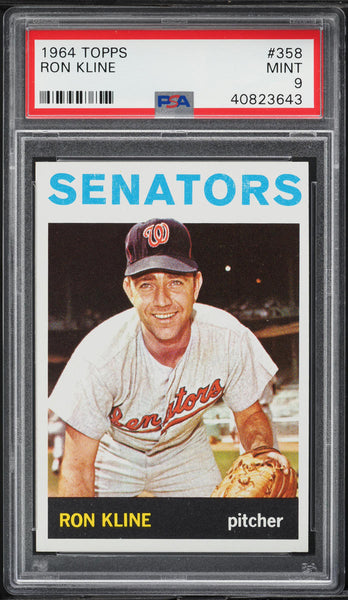 1964 Topps BB Card #358 Ron Kline Washington Senators PSA 9 MINT (MGD2)
