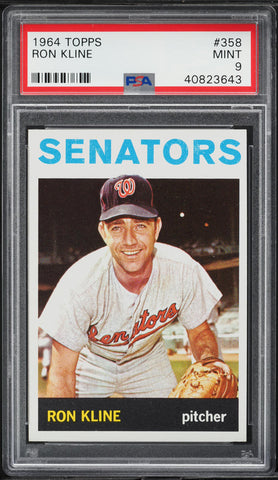 1964 Topps BB Card #358 Ron Kline Washington Senators PSA 9 MINT (MGD2)