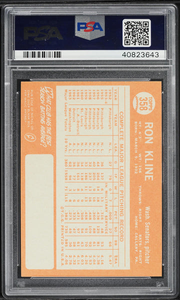 1964 Topps BB Card #358 Ron Kline Washington Senators PSA 9 MINT (MGD2)