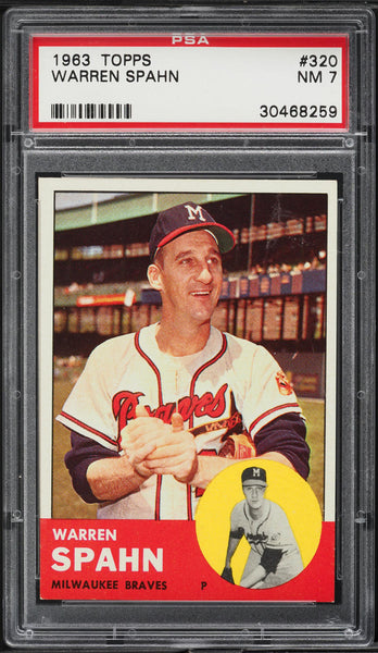 1963 Topps BB Card #320 Warren Spahn Milwaukee Braves HOF PSA 7 NRMT (MGD2)