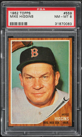 1962 Topps BB Card #559 Mike Higgins Boston Red Sox MGR PSA 8 NM-MT (MGD2)