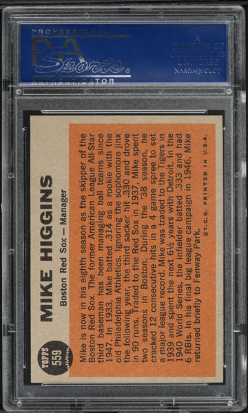1962 Topps BB Card #559 Mike Higgins Boston Red Sox MGR PSA 8 NM-MT (MGD2)
