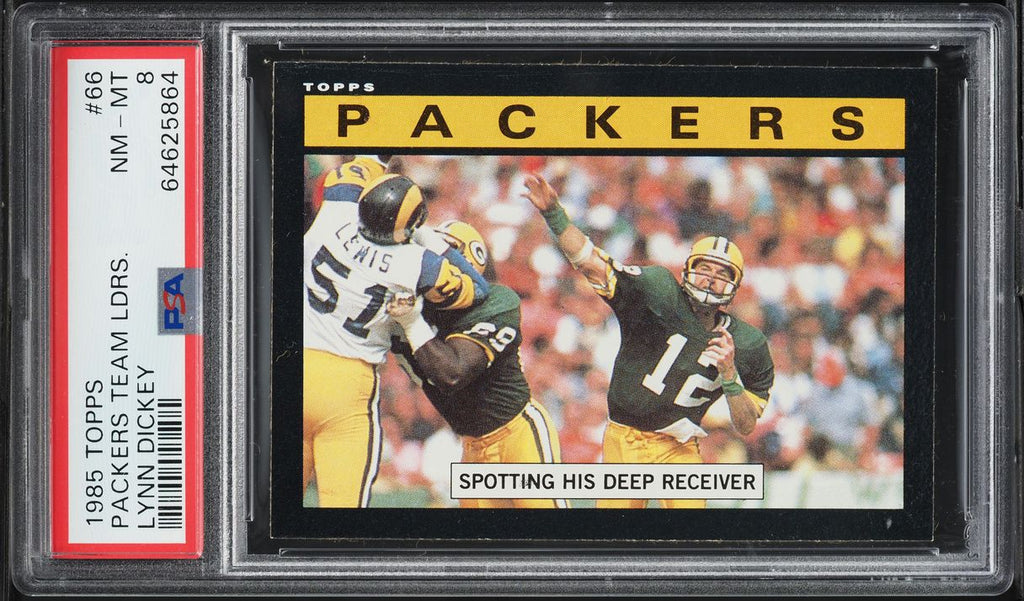 1985 Topps FB Card # 66 Lynn Dickey Green Bay Packers  HOF TEAM LDRS PSA 8 NM-MT (MGD2)