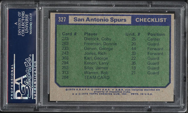 1975 Topps BkB Card #327 San Antonio Spurs CHECKLIST PSA 8 NM-MT (MGD2)