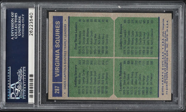 1975 Topps BkB Card #287 Virginia Squires TEAM LEADERS PSA 9 MINT (MGD2)