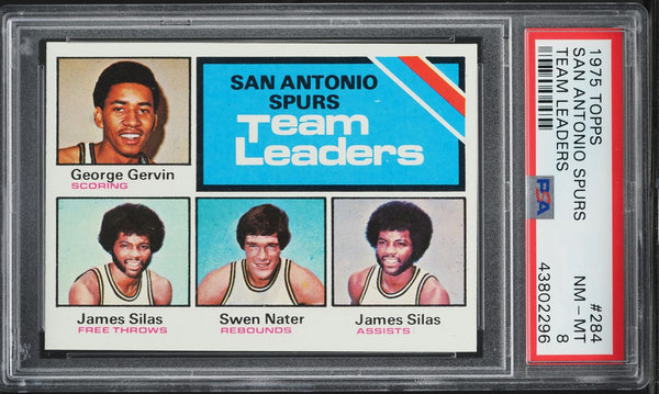 1975 Topps BkB Card #284 San Antonio Spurs Gervin Silas Nater TEAM LEADERS PSA 8 (MGD2)