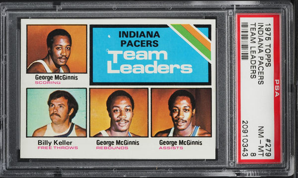 1975 Topps BkB Card #279 Indiana Pacers McGinnis Keller TEAM LDRS PSA 8 (MGD2)