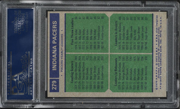1975 Topps BkB Card #279 Indiana Pacers McGinnis Keller TEAM LDRS PSA 8 (MGD2)