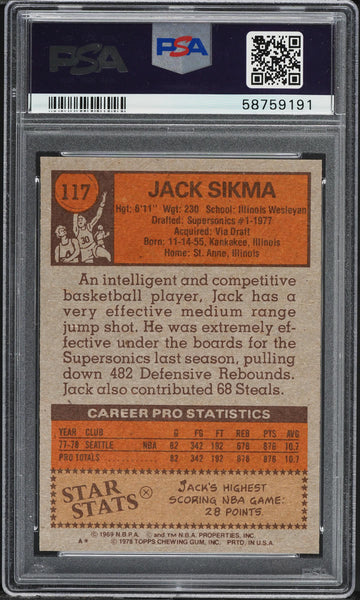 1978 Topps BkB Card #117 Jack Sikma Seattle Supersonics ROOKIE RC HOF PSA 9 MINT (MGD2)