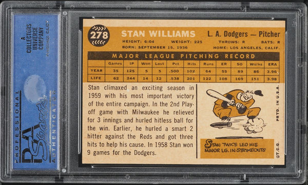 1960 Topps BB Card #278 Stan Williams Los Angeles Dodgers PSA 8 NM-MT (MGD2)