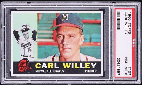 1960 Topps BB Card #107 Carl Willey Milwaukee Braves PSA 8 NM-MT (MGD2)