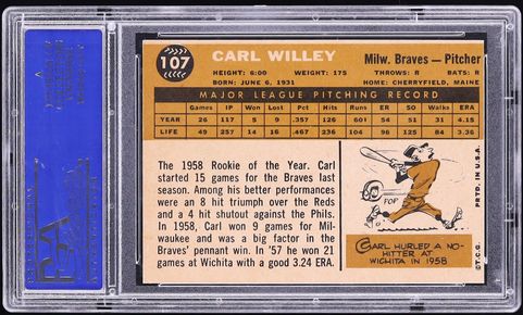 1960 Topps BB Card #107 Carl Willey Milwaukee Braves PSA 8 NM-MT (MGD2)