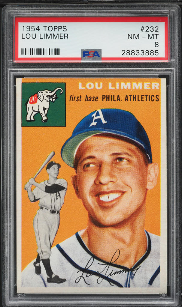 1954 Topps BB Card #232 Lou Limmer Philadelphia Athletics ROOKIE RC PSA 8 NM-MT (MGD2)