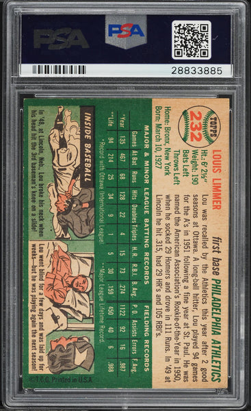 1954 Topps BB Card #232 Lou Limmer Philadelphia Athletics ROOKIE RC PSA 8 NM-MT (MGD2)