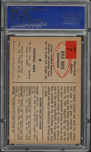 1954 Bowman FB Card # 7 Kyle Rote New York Giants HOF PSA 7 NRMT (MGD2)