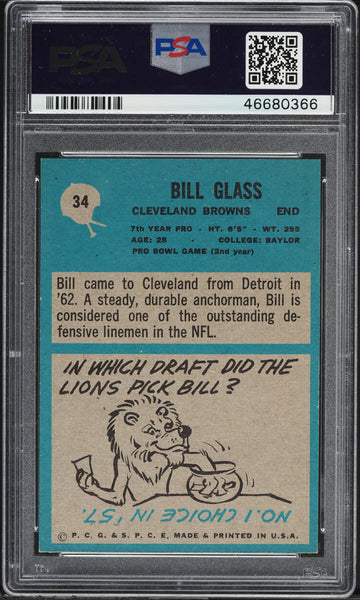 1964 Philadelphia FB Card # 34 Bill Glass Cleveland Browns HOF PSA 8 NM-MT (MGD2)