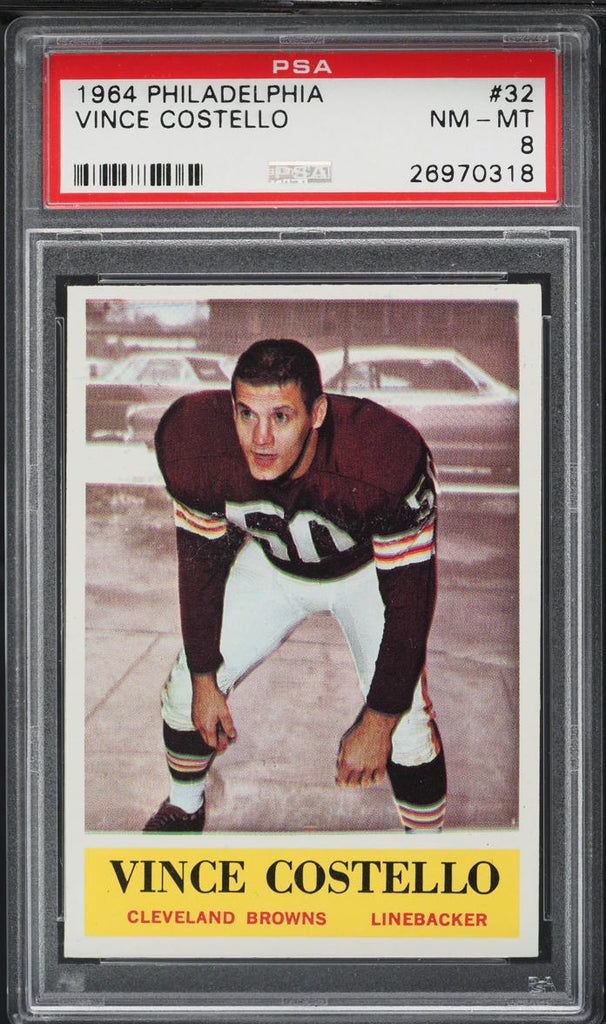 1964 Philadelphia FB Card # 32 Vince Costello Cleveland Browns PSA 8 NM-MT (MGD2)
