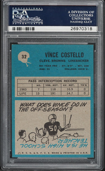 1964 Philadelphia FB Card # 32 Vince Costello Cleveland Browns PSA 8 NM-MT (MGD2)