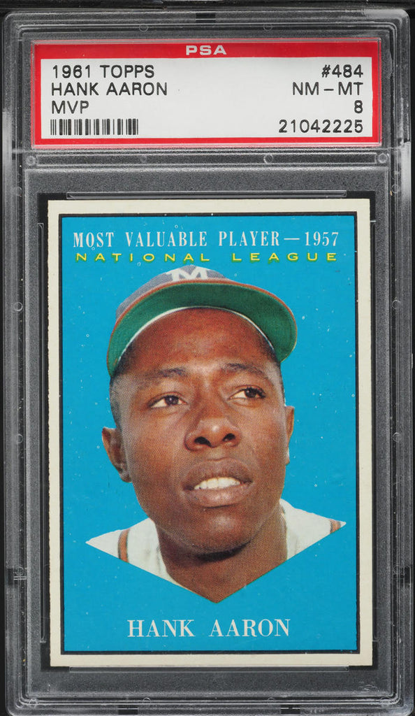 1961 Topps BB Card #484 Hank Aaron Milwaukee Braves MVP HOF PSA 8 NM-MT (MGD2)