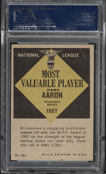 1961 Topps BB Card #484 Hank Aaron Milwaukee Braves MVP HOF PSA 8 NM-MT (MGD2)
