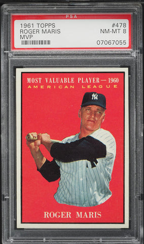 1961 Topps BB Card #478 Roger Maris New York Yankees MVP HOF PSA 8 NM-MT (MGD2)