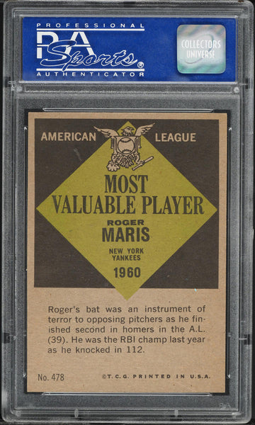 1961 Topps BB Card #478 Roger Maris New York Yankees MVP HOF PSA 8 NM-MT (MGD2)