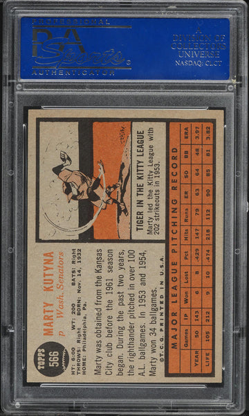 1962 Topps BB Card #566 Marty Kutyna Washington Senators SP PSA 8 NM-MT (MGD2)