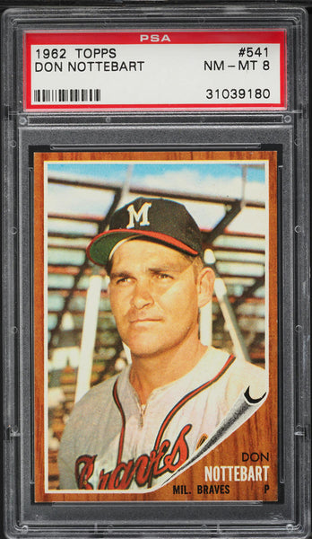 1962 Topps BB Card #541 Don Nottebart Milwaukee Braves SP PSA 8 NM-MT (MGD2)