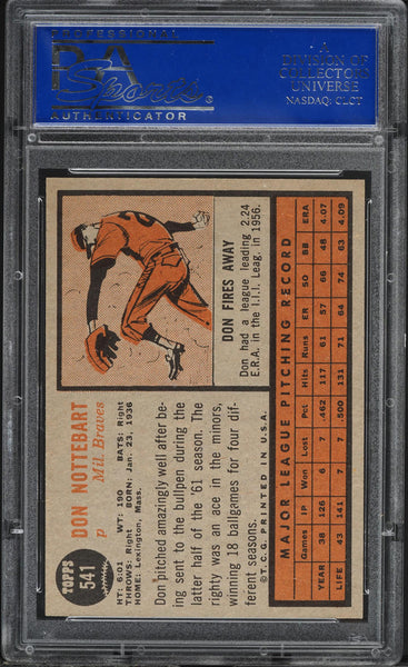 1962 Topps BB Card #541 Don Nottebart Milwaukee Braves SP PSA 8 NM-MT (MGD2)