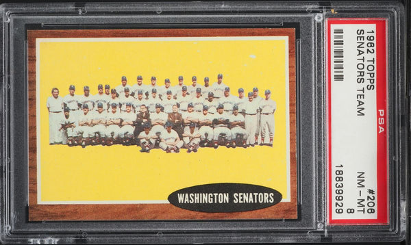 1962 Topps BB Card #206 Washington Senators TEAM CARD PSA 8 NM-MT (MGD2)