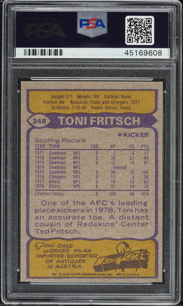 1979 Topps FB Card #348 Toni Fritsch Houston Oilers PSA 9 MINT (MGD2)