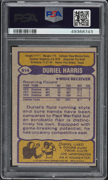 1979 Topps FB Card #514 Duriel Harris Miami Dolphins PSA 9 MINT (MGD2)