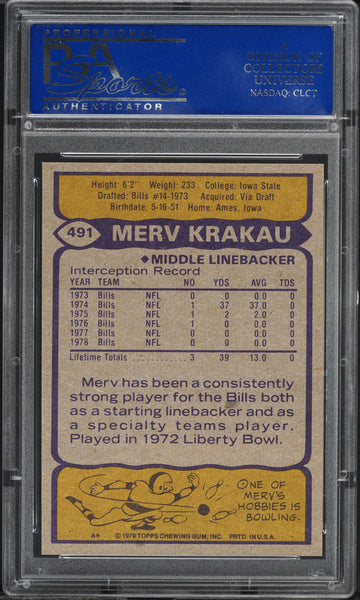 1979 Topps FB Card #491 Merv Krakau Buffalo Bills PSA 9 MINT (MGD2)