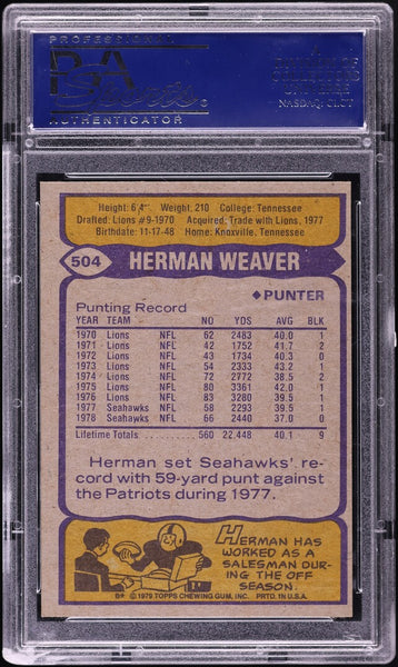 1979 Topps FB Card #504 Herman Weaver Seattle Seahawks PSA 9 MINT (MGD2)