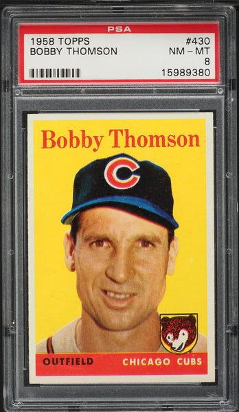 1958 Topps BB Card #430 Bobby Thomson Chicago Cubs PSA 8 NM-MT (MGD2)