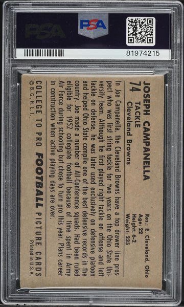 1952 Bowman Large FB Card # 74 Joe Campanella Cleveland Browns ROOKIE RC PSA 3 (MGD2)