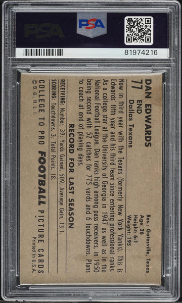 1952 Bowman Large FB Card # 77 Dan Edwards Dallas Texans PSA 4 VGEX (MGD2)