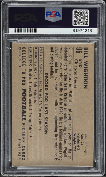 1952 Bowman Large FB Card # 96 Bill Wightkin Chicago Bears PSA 4 VGEX (MGD2)