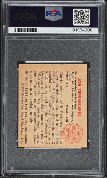 1950 Bowman FB Card #139 Joe Tereshinski Washington Redskins PSA 5 EX (MGD2)
