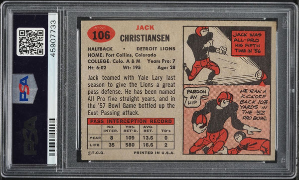 1957 Topps FB Card #106 Jack Christiansen Detroit Lions HOF SP PSA 7 NRMT (MGD2)