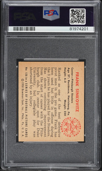 1950 Bowman FB Card #126 Frank Sinkovitz Pittsburgh Steelers ROOKIE RC PSA 7 (MGD2)