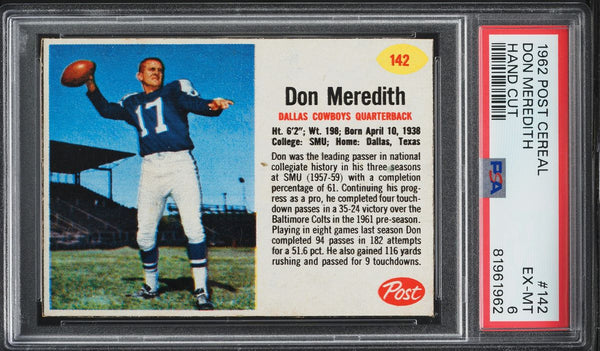 1962 Post Cereal FB Card #142 Don Meredith Dallas Cowboys HOF HAND CUT PSA 6 (MGD2)