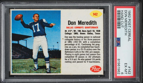 1962 Post Cereal FB Card #142 Don Meredith Dallas Cowboys HOF HAND CUT PSA 6 (MGD2)