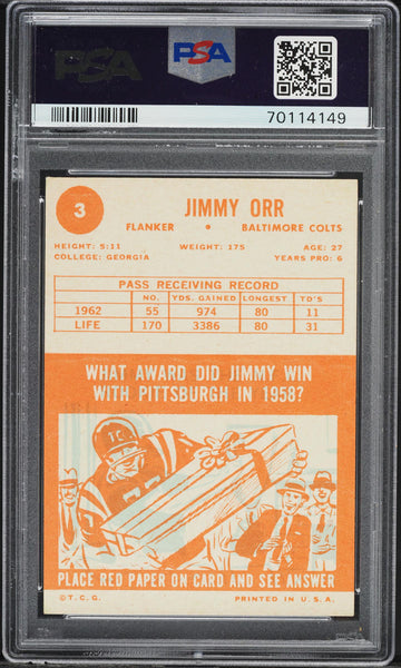1963 Topps FB Card # 3 Jimmy Orr Baltimore Colts PSA 5 EX (MGD2)