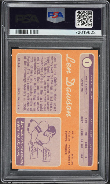 1970 Topps FB Card # 1 Len Dawson Kansas City Chiefs HOF PSA 8 NM-MT (MGD2)